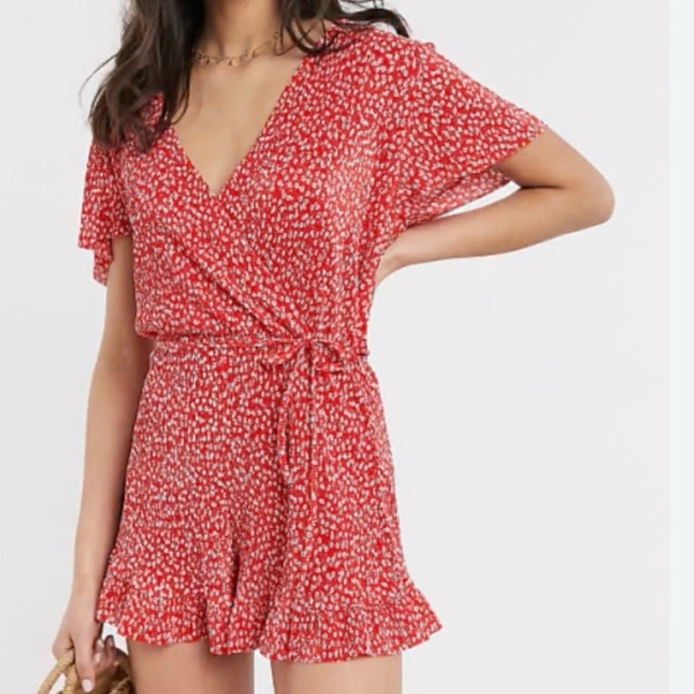 Pull&Bear Red Floral one piece romper Jumper